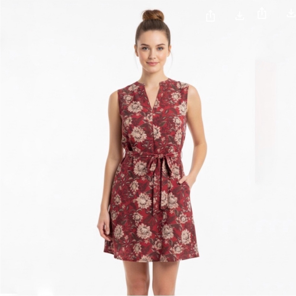 LOFT Red Floral Sleeveless Tie-Waist Dress